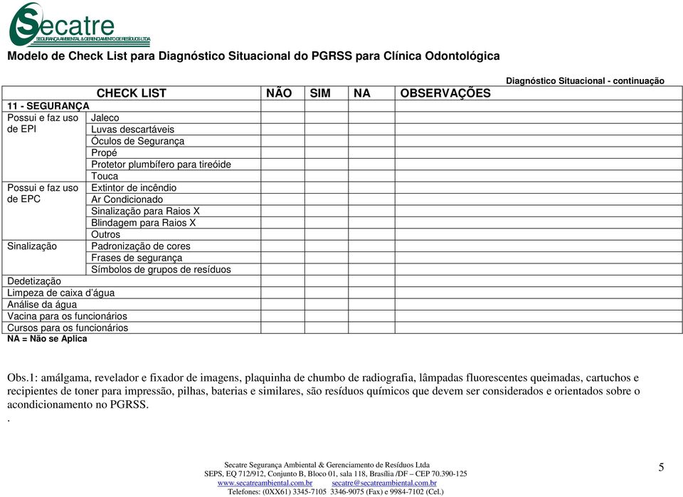 água Análise da água Vacina para os funcionários Cursos para os funcionários Obs.