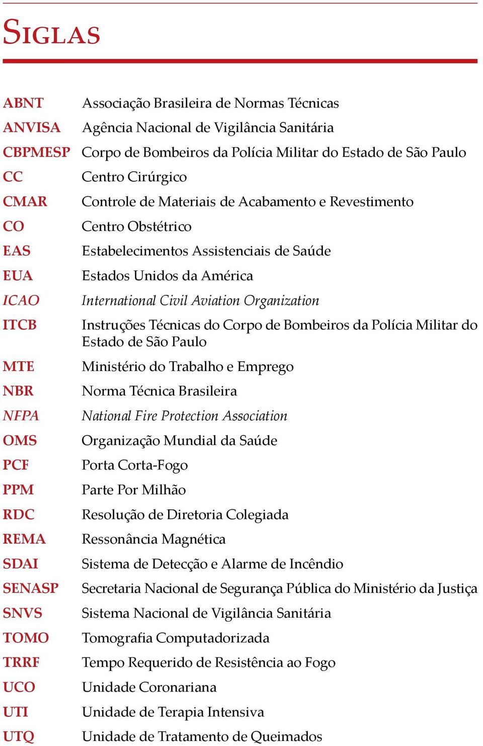 Estados Unidos da América International Civil Aviation Organization Instruções Técnicas do Corpo de Bombeiros da Polícia Militar do Estado de São Paulo Ministério do Trabalho e Emprego Norma Técnica