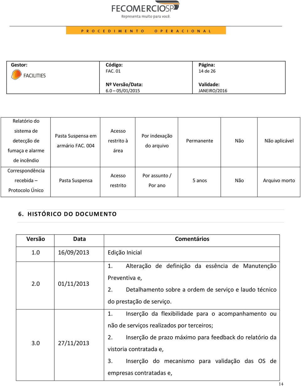 Arquivo morto 6. HISTÓRICO DO DOCUMENTO Versão Data Comentários 1.0 16/09/2013 Edição Inicial 1. Alteração de definição da essência de Manutenção 2.0 01/11/2013 3.0 27/11/2013 Preventiva e, 2.