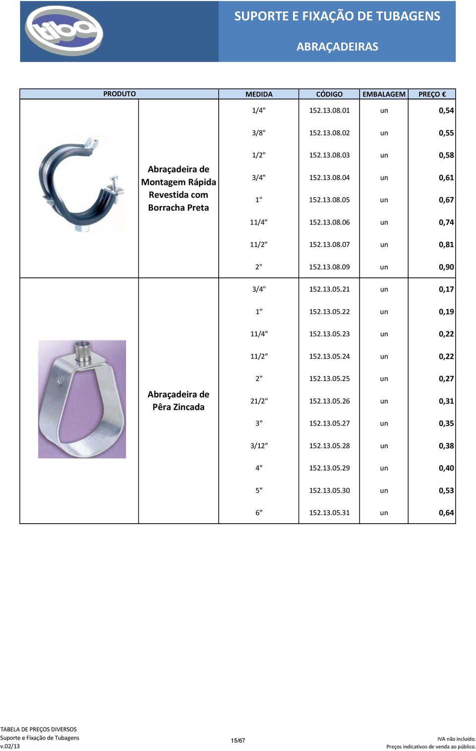 13.05.22 un 0,19 11/4" 152.13.05.23 un 0,22 11/2" 152.13.05.24 un 0,22 Abraçadeira de Pêra Zincada 2" 152.13.05.25 un 0,27 21/2" 152.13.05.26 un 0,31 3" 152.13.05.27 un 0,35 3/12" 152.