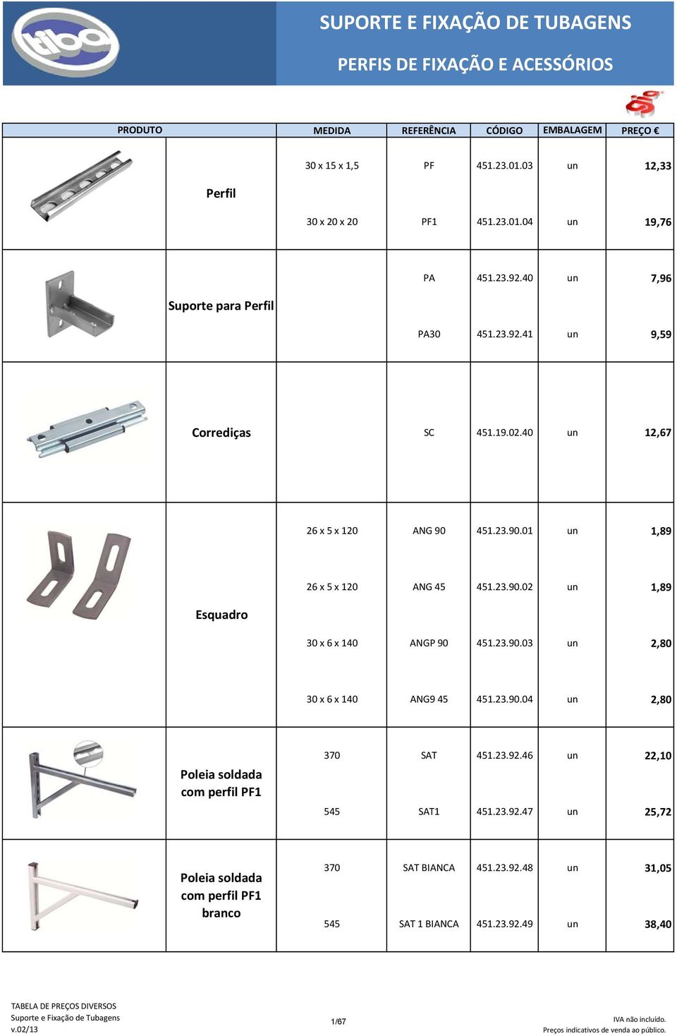 23.90.03 un 2,80 30 x 6 x 140 ANG9 45 451.23.90.04 un 2,80 Poleia soldada com perfil PF1 370 SAT 451.23.92.46 un 22,10 545 SAT1 451.23.92.47 un 25,72 Poleia soldada com perfil PF1 branco 370 SAT BIANCA 451.