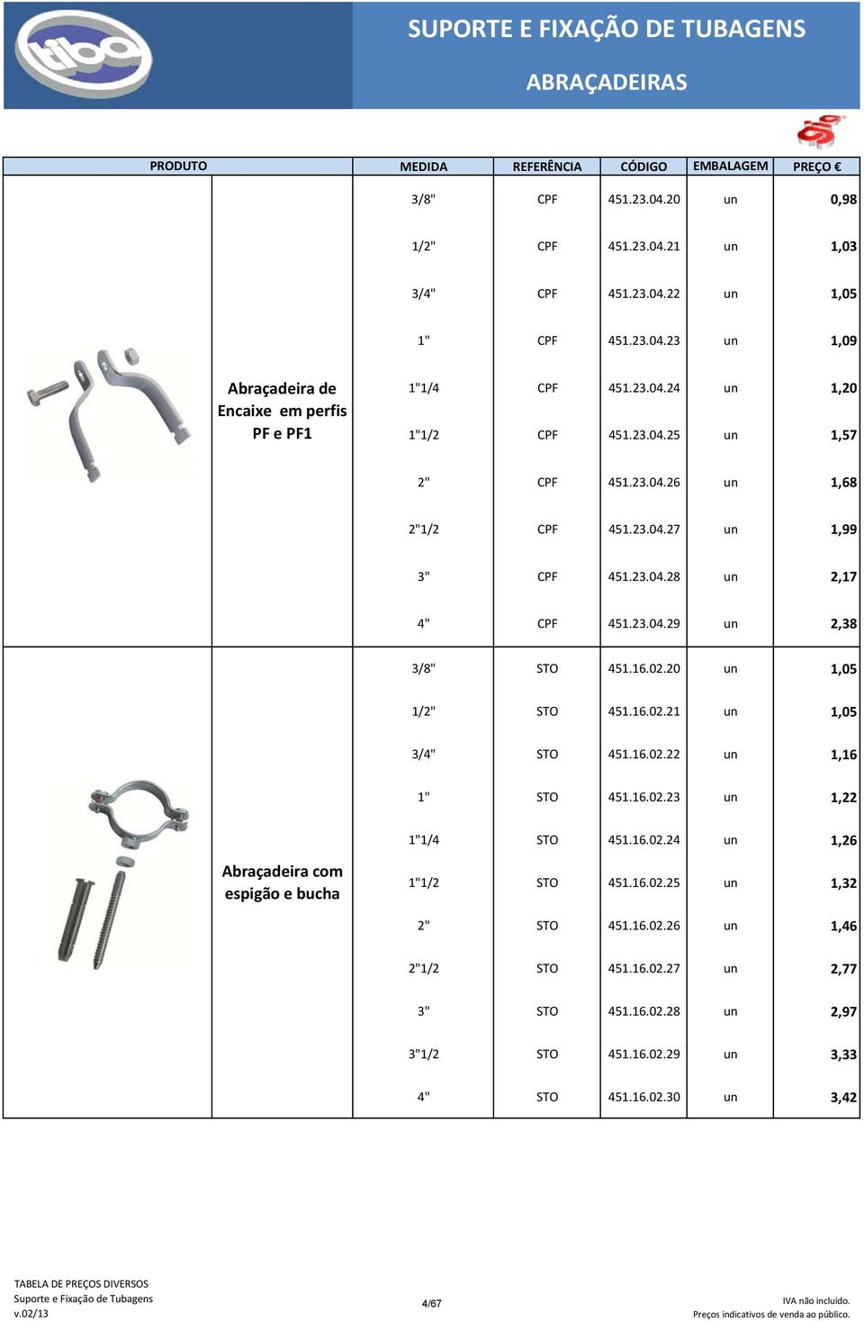 20 un 1,05 1/2" STO 451.16.02.21 un 1,05 3/4" STO 451.16.02.22 un 1,16 1" STO 451.16.02.23 un 1,22 1"1/4 STO 451.16.02.24 un 1,26 Abraçadeira com espigão e bucha 1"1/2 STO 451.16.02.25 un 1,32 2" STO 451.