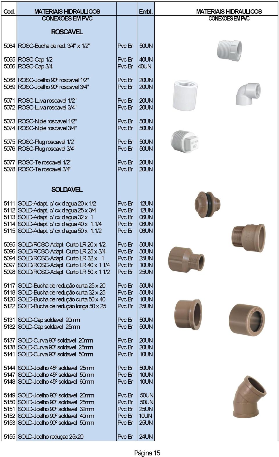 roscavel 1/2" Pvc Br 20UN 5072 ROSC-Luva roscavel 3/4" Pvc Br 20UN 5073 ROSC-Niple roscavel 1/2" Pvc Br 50UN 5074 ROSC-Niple roscavel 3/4" Pvc Br 50UN 5075 ROSC-Plug roscavel 1/2" Pvc Br 50UN 5076