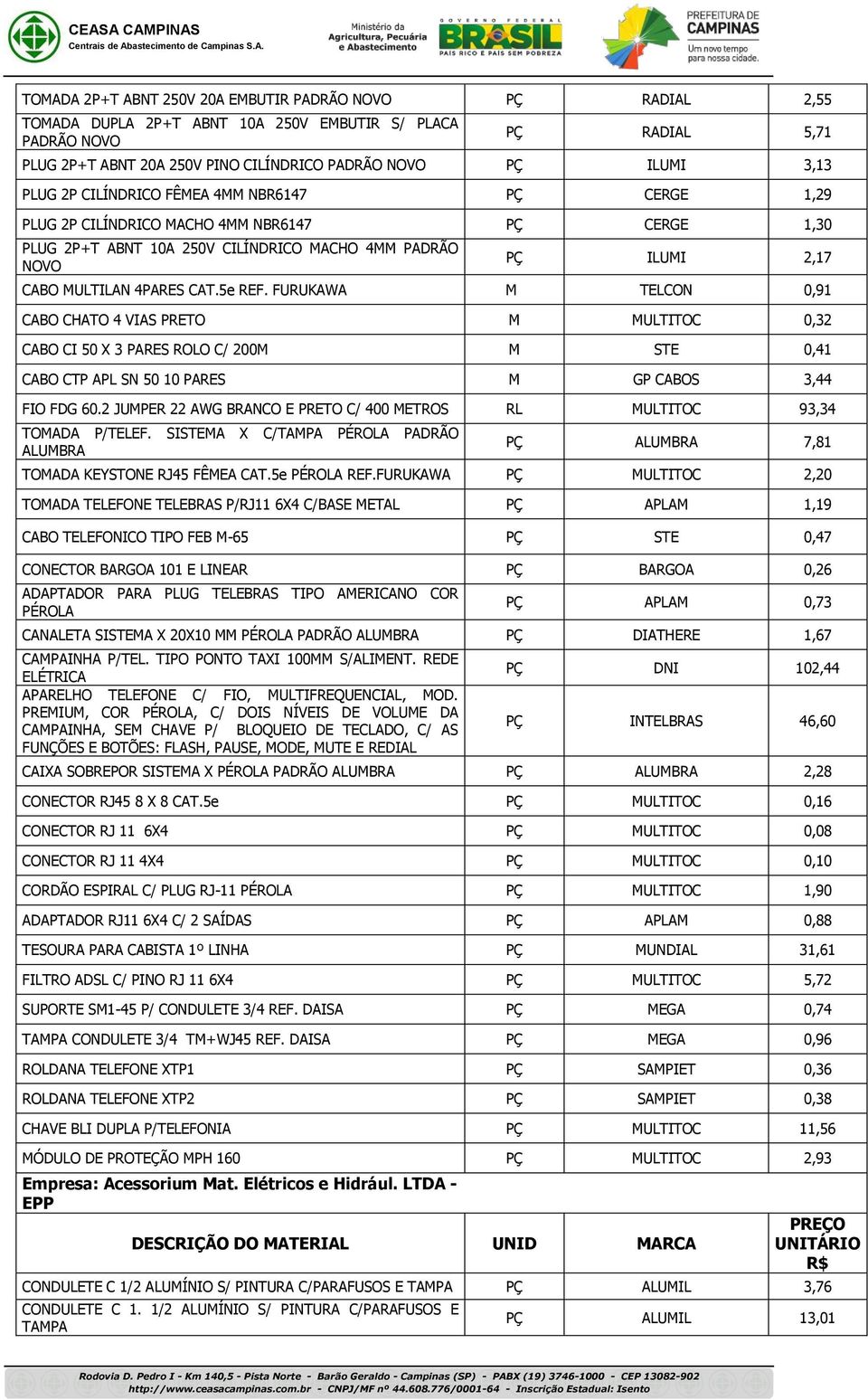 CAT.5e REF. FURUKAWA M TELCON 0,91 CABO CHATO 4 VIAS PRETO M MULTITOC 0,32 CABO CI 50 X 3 PARES ROLO C/ 200M M STE 0,41 CABO CTP APL SN 50 10 PARES M GP CABOS 3,44 FIO FDG 60.