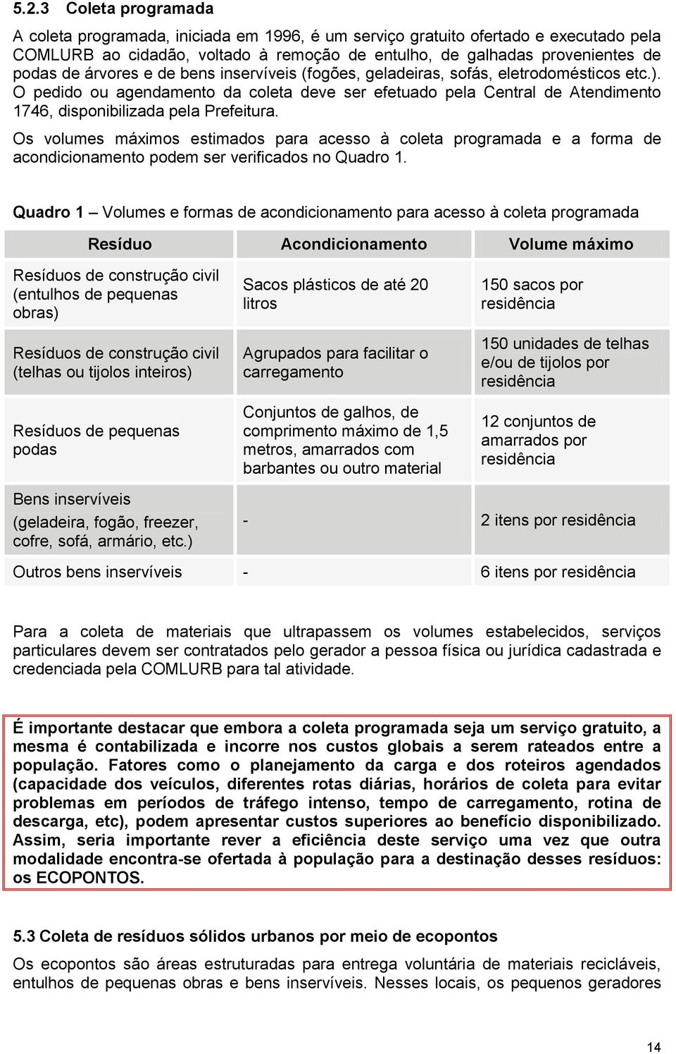 Os volumes máximos estimados para acesso à coleta programada e a forma de acondicionamento podem ser verificados no Quadro 1.