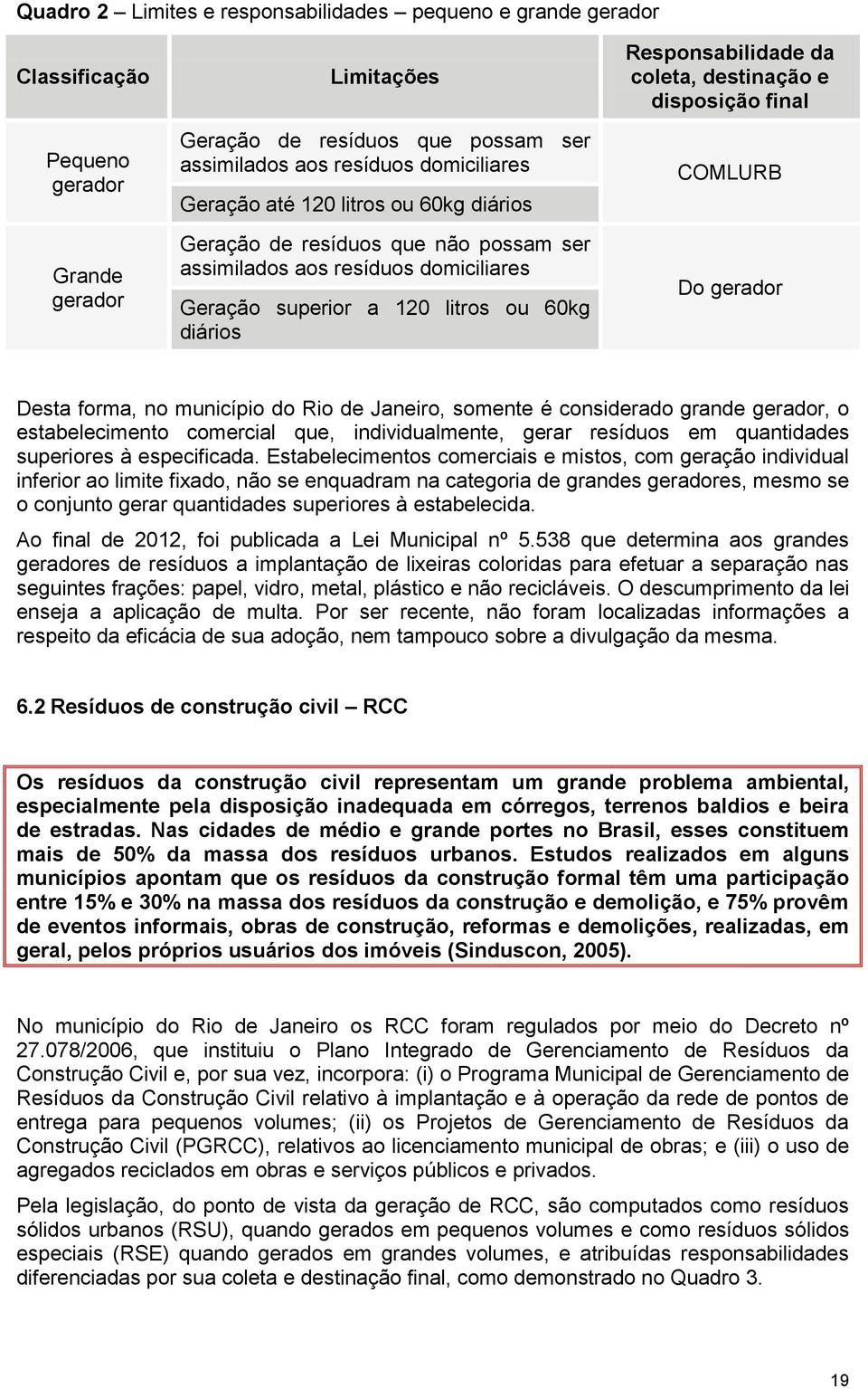 disposição final COMLURB Do gerador Desta forma, no município do Rio de Janeiro, somente é considerado grande gerador, o estabelecimento comercial que, individualmente, gerar resíduos em quantidades