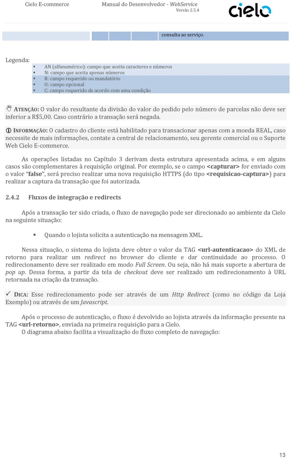 ATENÇÃO: O valor do resultante da divisão do valor do pedido pelo número de parcelas não deve ser inferior a R$5,00. Caso contrário a transação será negada.