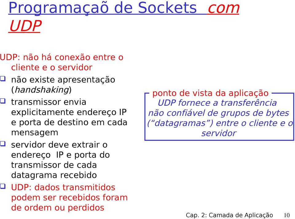 de cada datagrama recebido UDP: dados transmitidos podem ser recebidos foram de ordem ou perdidos ponto de vista da aplicação UDP