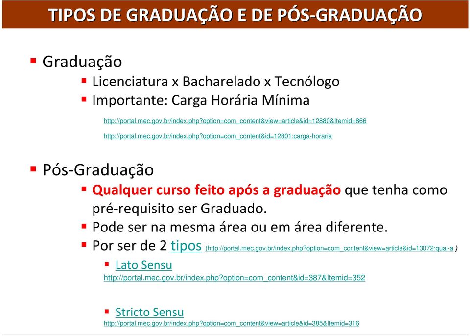 option=com_content&id=12801:carga-horaria Pós-Graduação Qualquer curso feito após a graduaçãoque tenha como pré-requisito ser Graduado. Pode ser na mesma área ou em área diferente.