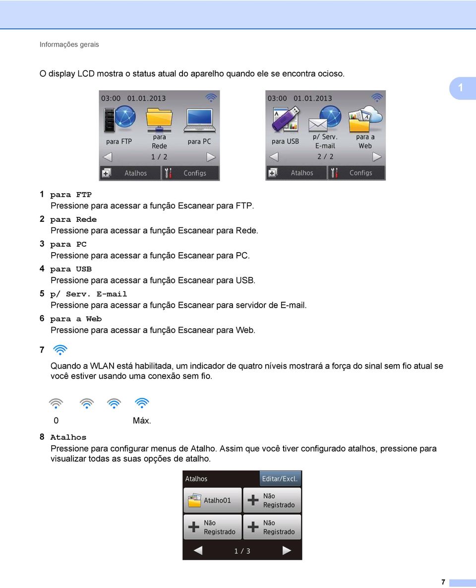 E-mail Pressione para acessar a função Escanear para servidor de E-mail. 6 para a Web Pressione para acessar a função Escanear para Web.