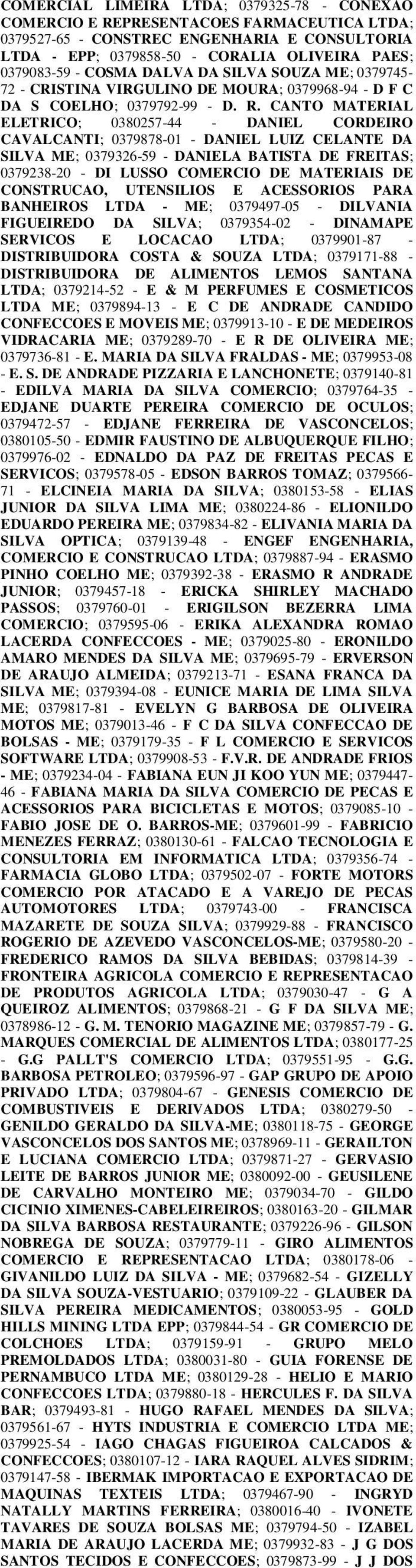 CANTO MATERIAL ELETRICO; 0380257-44 - DANIEL CORDEIRO CAVALCANTI; 0379878-01 - DANIEL LUIZ CELANTE DA SILVA ME; 0379326-59 - DANIELA BATISTA DE FREITAS; 0379238-20 - DI LUSSO COMERCIO DE MATERIAIS DE