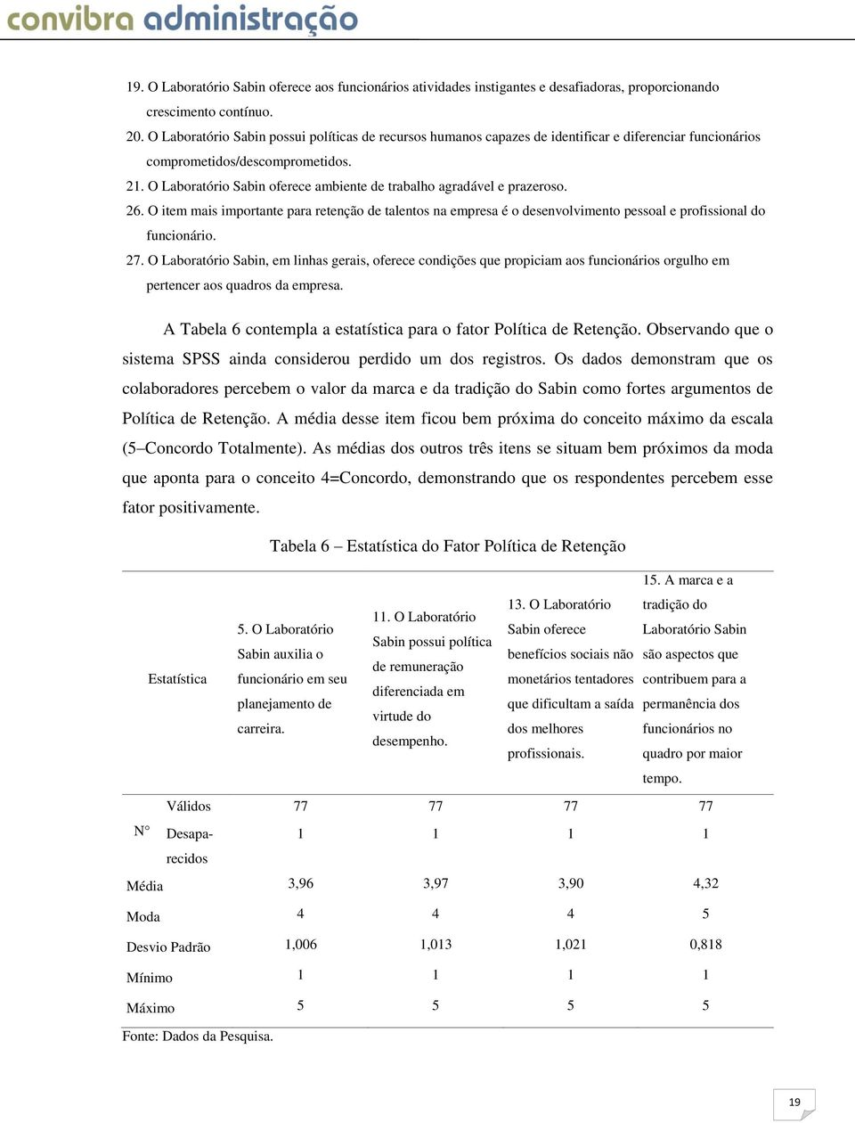 O Laboratório Sabin oferece ambiente de trabalho agradável e prazeroso. 26. O item mais importante para retenção de talentos na empresa é o desenvolvimento pessoal e profissional do funcionário. 27.