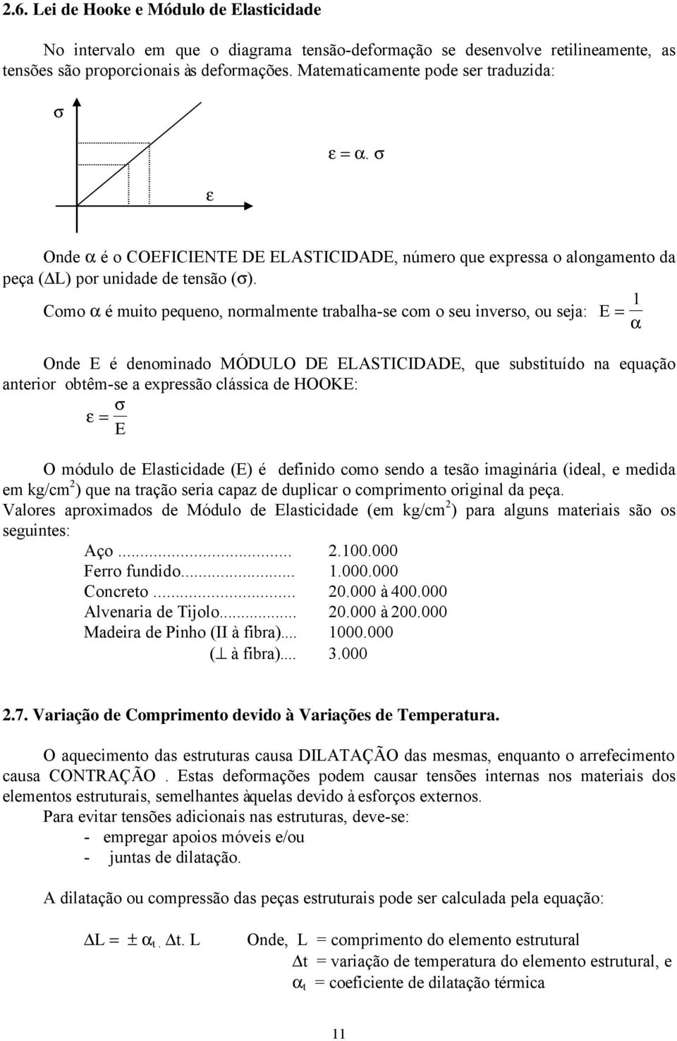 Como α é muito pequeno, normalmente trabalha-se com o seu inverso, ou seja: E 1 α Onde E é denominado MÓDUO DE EASTICIDADE, que substituído na equação anterior obtêm-se a epressão clássica de HOOKE: