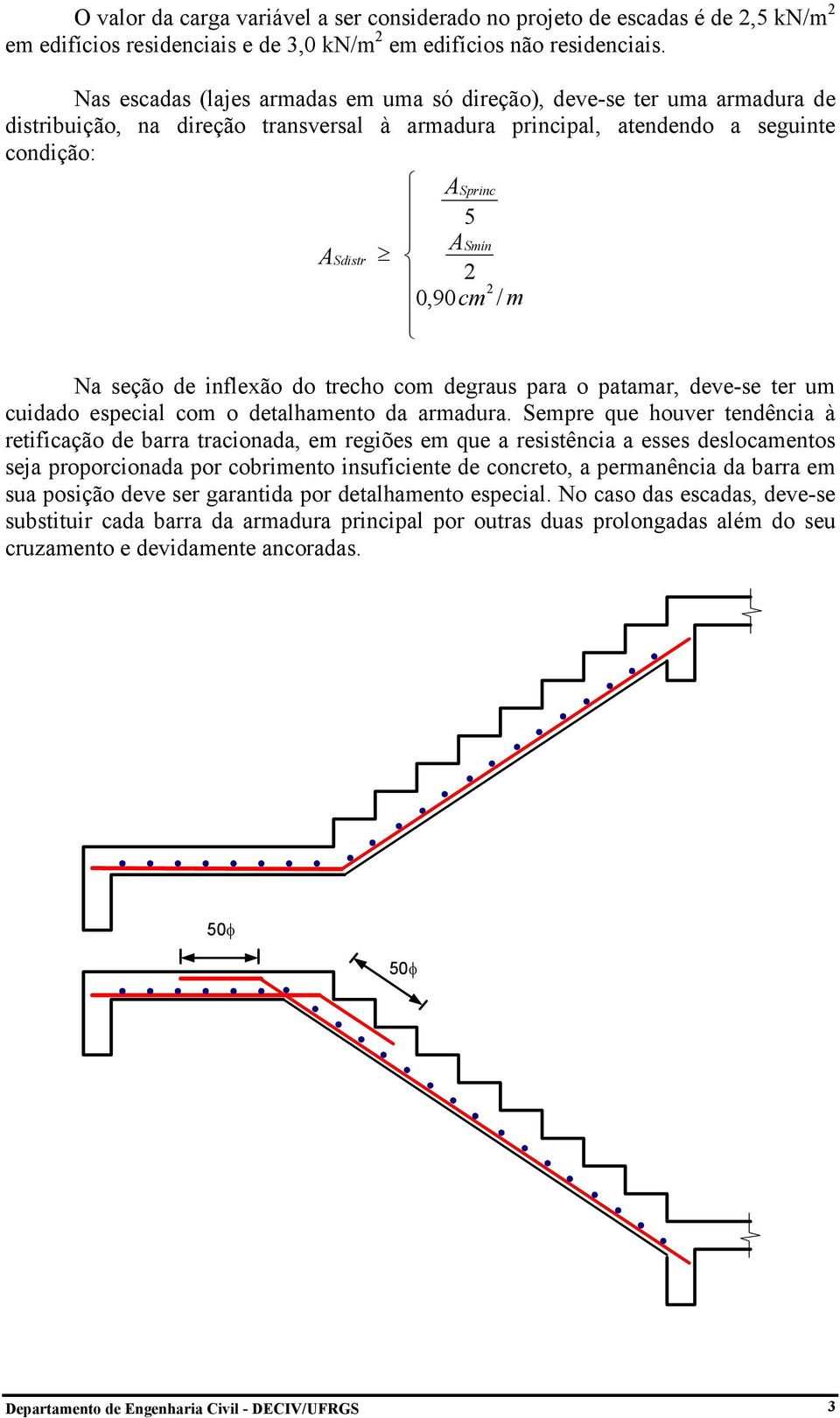 Na seção de inflexão do trecho com degraus para o patamar, deve-se ter um cuidado especial com o detalhamento da armadura.