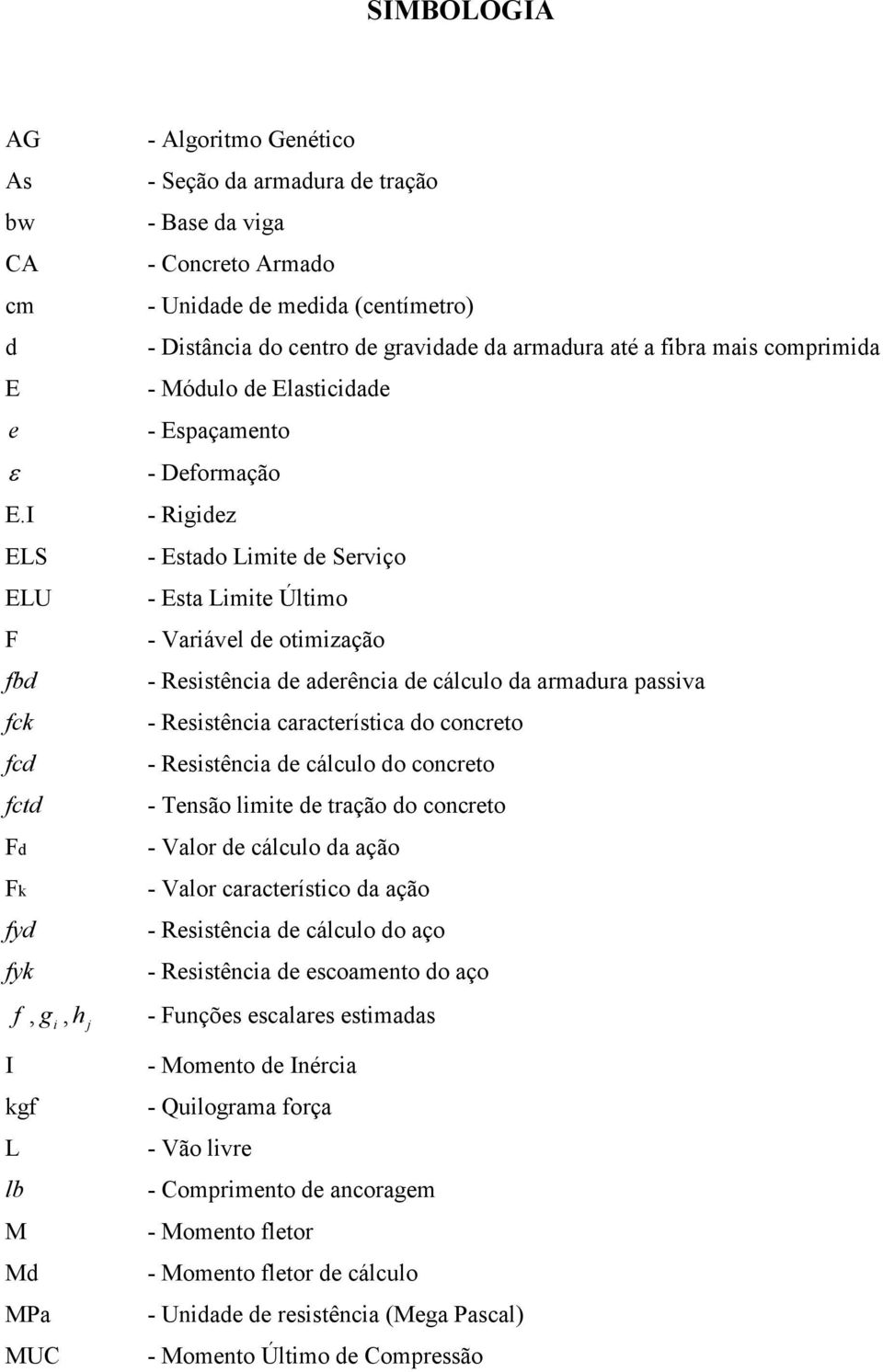 Distância do centro de gravidade da armadura até a fibra mais comprimida - Módulo de Elasticidade - Espaçamento - Deformação - Rigidez - Estado Limite de Serviço - Esta Limite Último - Variável de