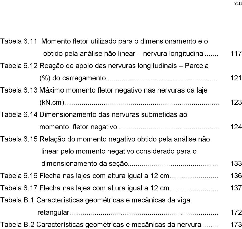 14 Dimensionamento das nervuras submetidas ao momento fletor negativo... 124 Tabela 6.