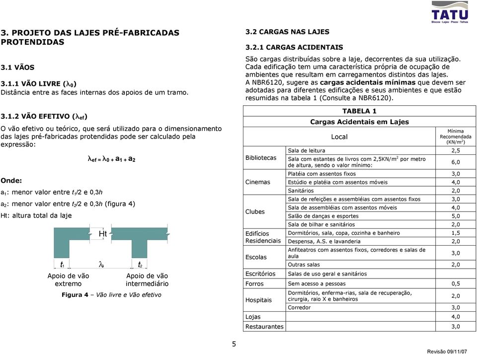 1 VÃO IVRE (λ 0 ) Distância entre as faces internas dos apoios de um tramo..1. VÃO EFETIVO (λ ef ) O vão efetivo ou teórico, que será utilizado para o dimensionamento das lajes pré-fabricadas