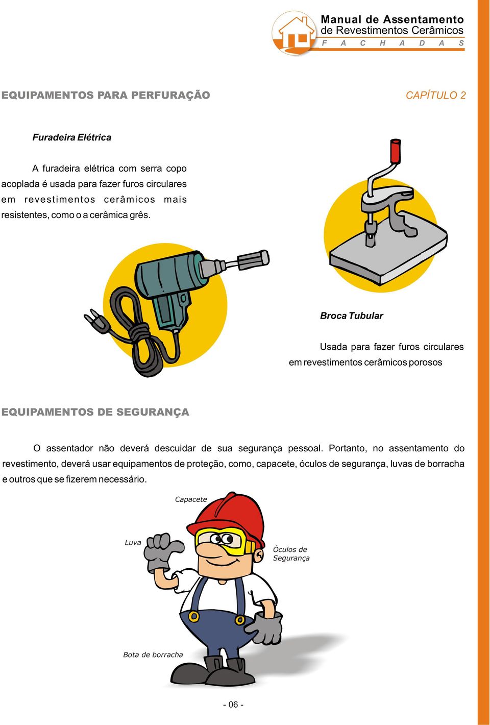 Broca Tubular Usada para fazer furos circulares em revestimentos cerâmicos porosos EQUIPAMENTOS DE SEGURANÇA O assentador não deverá descuidar de sua