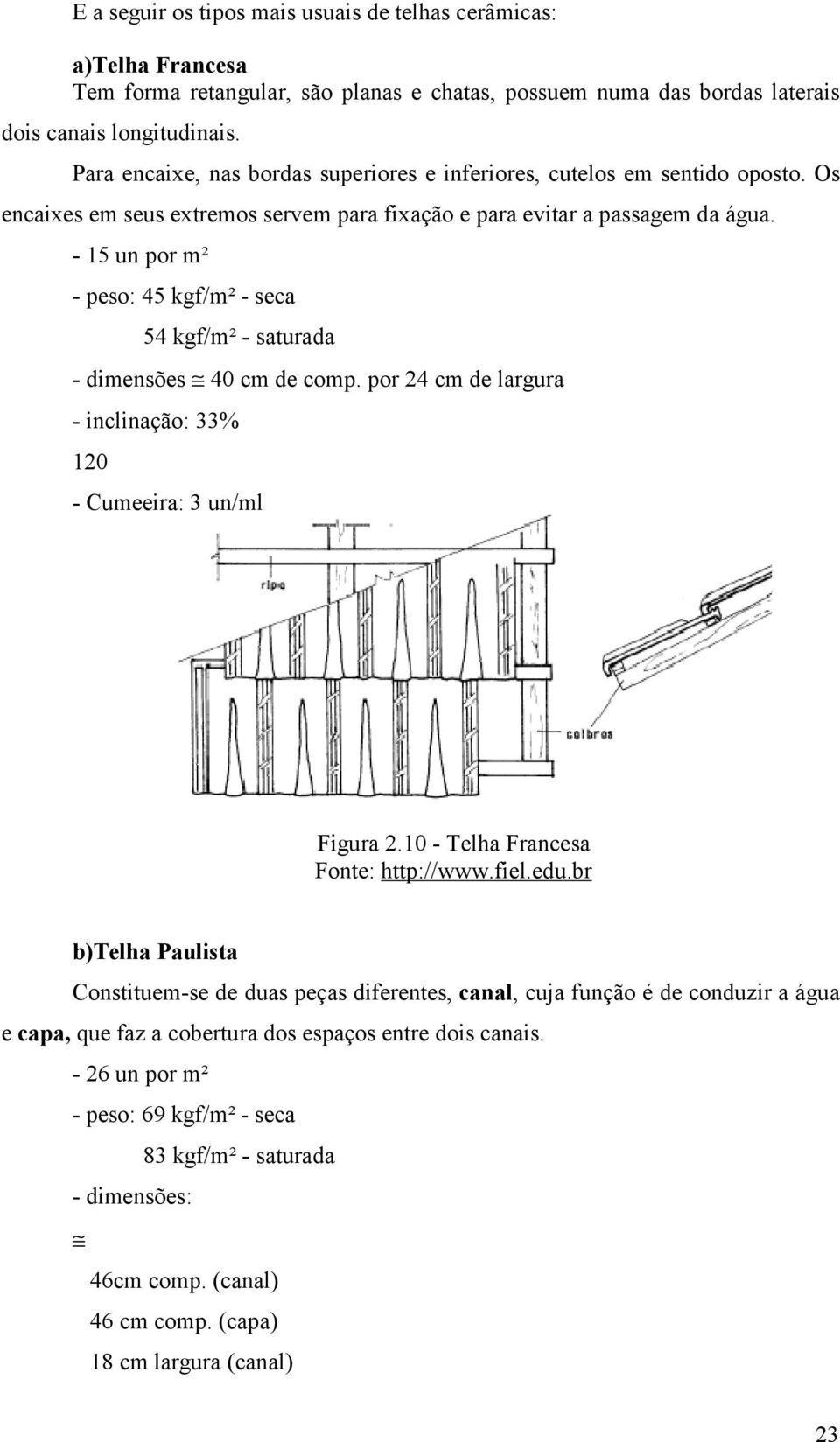 - 15 un por m² - peso: 45 kgf/m² - seca 54 kgf/m² - saturada - dimensões 40 cm de comp. por 24 cm de largura - inclinação: 33% 120 - Cumeeira: 3 un/ml Figura 2.10 - Telha Francesa Fonte: http://www.