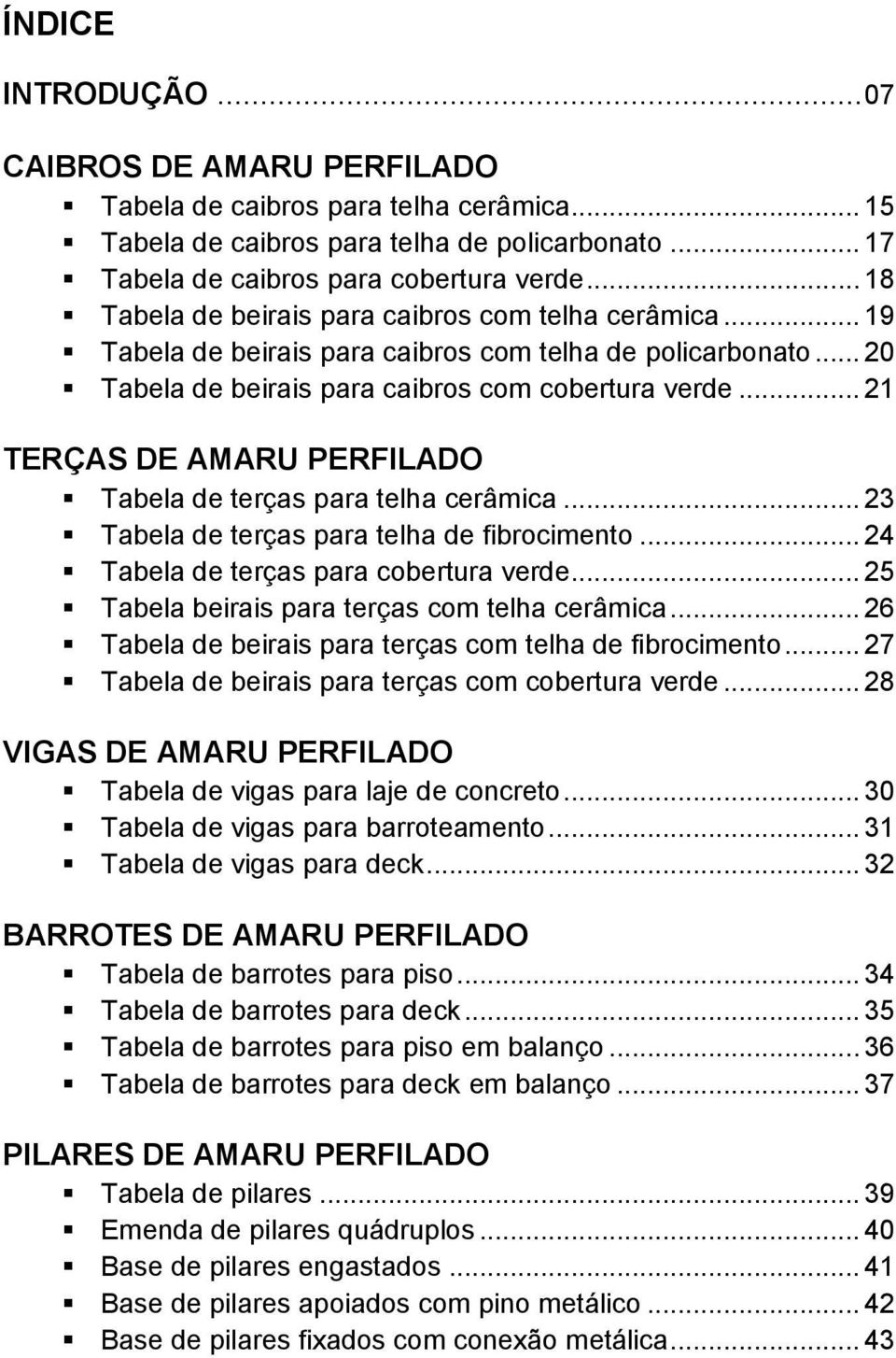 .. 21 TERÇAS DE AMARU PERFILADO Tabela de terças para telha cerâmica... 23 Tabela de terças para telha de fibrocimento... 24 Tabela de terças para cobertura verde.