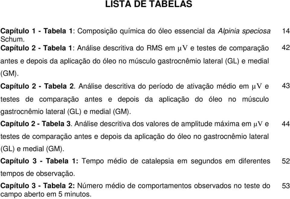 Análise descritiva do período de ativação médio em µv e testes de comparação antes e depois da aplicação do óleo no músculo gastrocnêmio lateral (GL) e medial (GM). Capítulo 2 - Tabela 3.