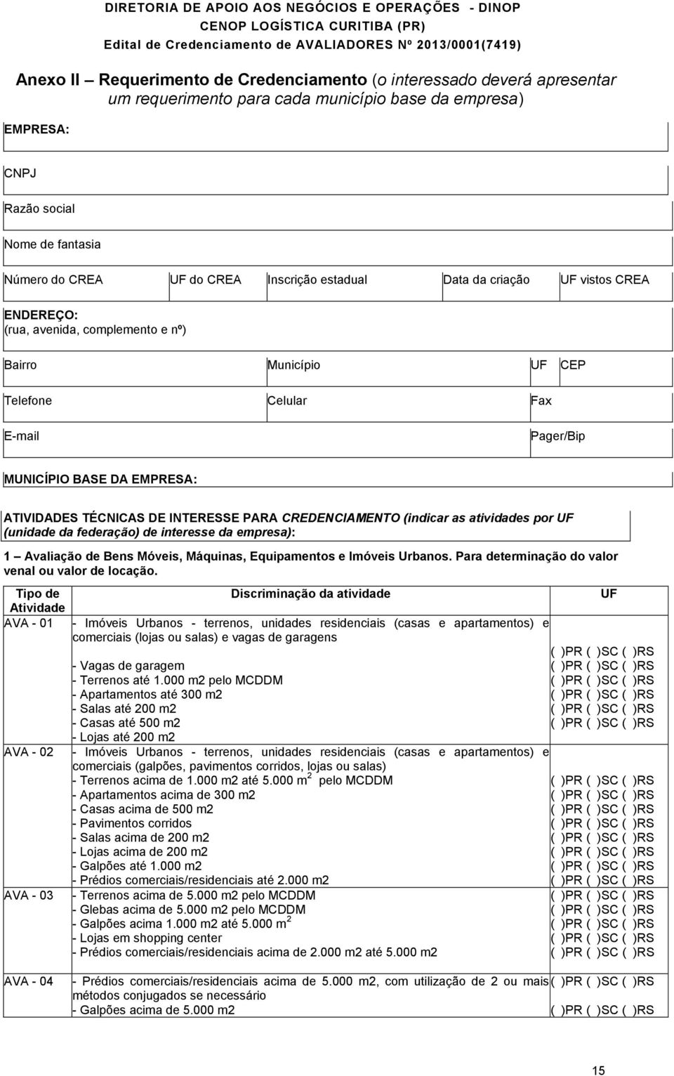 TÉCNICAS DE INTERESSE PARA CREDENCIAMENTO (indicar as atividades por UF (unidade da federação) de interesse da empresa): 1 Avaliação de Bens Móveis, Máquinas, Equipamentos e Imóveis Urbanos.