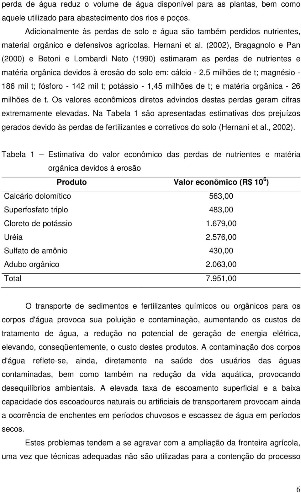 (2002), Bragagnolo e Pan (2000) e Betoni e Lombardi Neto (1990) estimaram as perdas de nutrientes e matéria orgânica devidos à erosão do solo em: cálcio - 2,5 milhões de t; magnésio - 186 mil t;