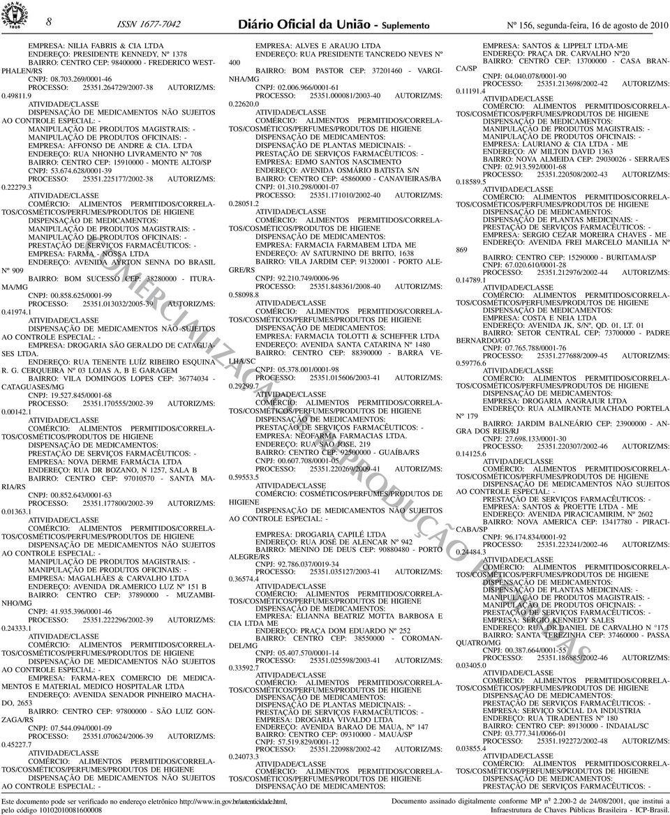 53674628/0001-39 PROCESSO: 25351225177/2002-38 AUTORIZ/MS: 0222793 EMPRESA: FARMA - NOSSA LTDA ENDEREÇO: AVENIDA AYRTON SENNA DO BRASIL Nº 909 BAIRRO: BOM SUCESSO CEP: 38280000 - ITURA- MA/MG CNPJ: