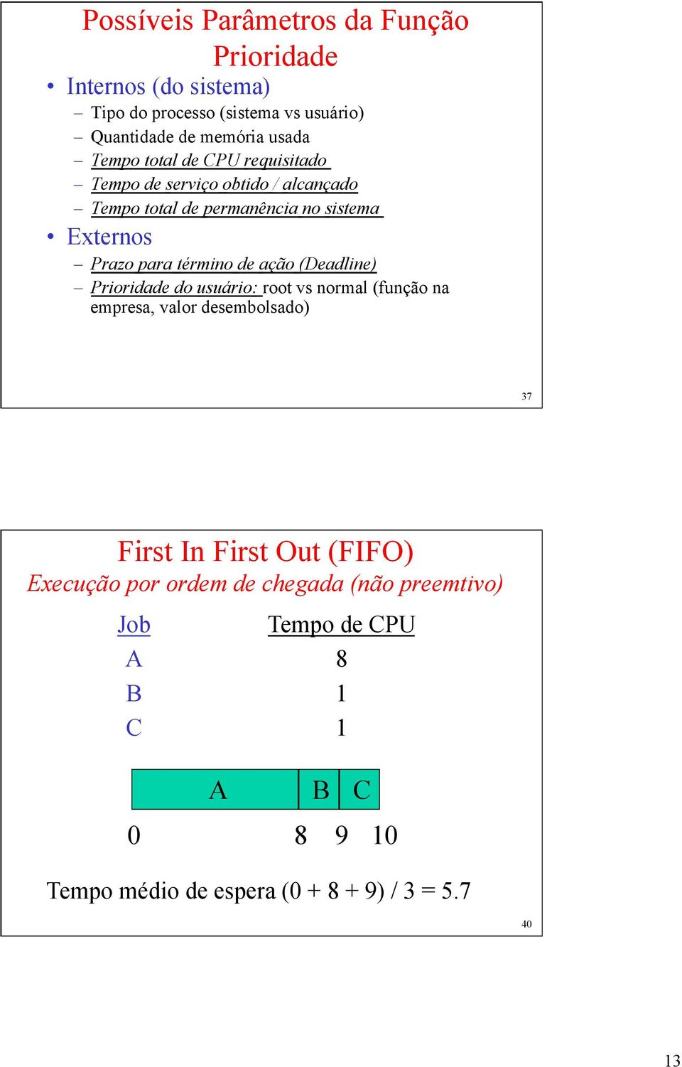 término de ação (Deadline) Prioridade do usuário: root vs normal (função na empresa, valor desembolsado) 37 First In First Out