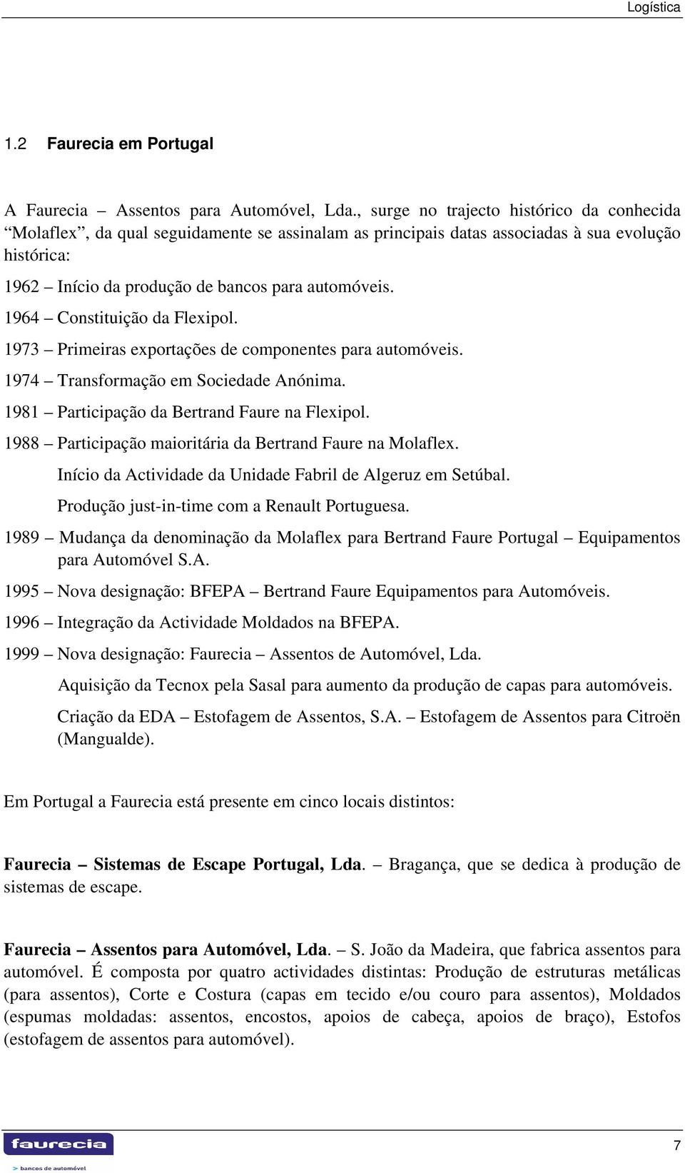 1964 Constituição da Flexipol. 1973 Primeiras exportações de componentes para automóveis. 1974 Transformação em Sociedade Anónima. 1981 Participação da Bertrand Faure na Flexipol.