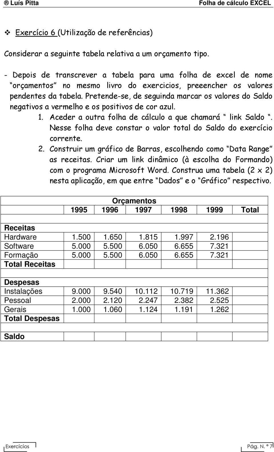 Pretende-se, de seguinda marcar os valores do Saldo negativos a vermelho e os positivos de cor azul. 1. Aceder a outra folha de cálculo a que chamará link Saldo.