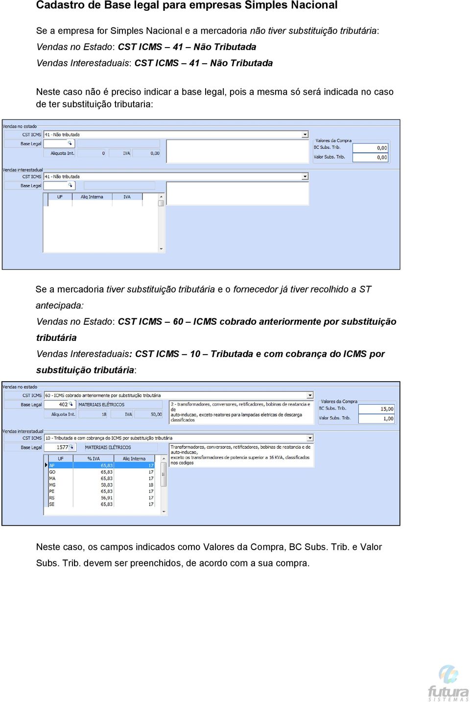 substituição tributária e o fornecedor já tiver recolhido a ST antecipada: Vendas no Estado: CST ICMS 60 ICMS cobrado anteriormente por substituição tributária Vendas Interestaduais: CST ICMS