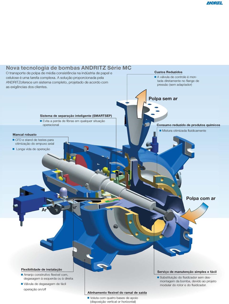 Custos Reduzidos A válvula de controle é montada diretamente no flange de pressão (sem adaptador) Polpa sem ar Mancal robusto CFD e stand de testes para otimização do empuxo axial Longa vida de