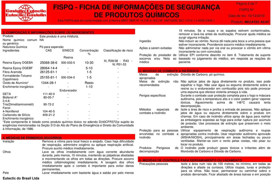 - N; R51-53 Resina Epoxy DGEBF 28064-14-4-5-10 - Fibra Aramida 26125-61-1-1-5 - Formaldeído-Tolueno 25155-81-1 500-034-0 1-5 - Copolímero Óxido de Alumínio* 1344-28-1 - Resto - Enchimento inorgânico