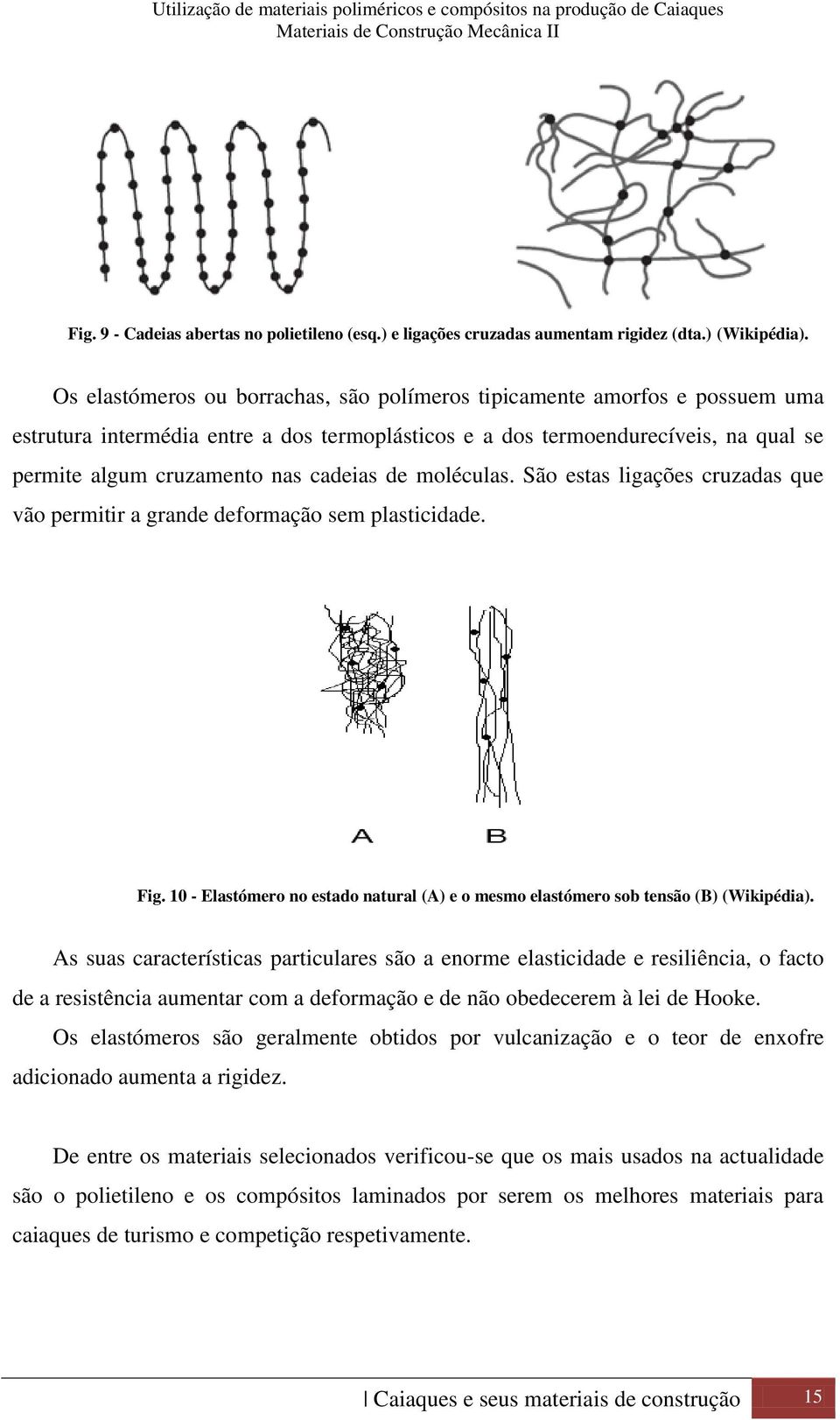 de moléculas. São estas ligações cruzadas que vão permitir a grande deformação sem plasticidade. Fig. 10 - Elastómero no estado natural (A) e o mesmo elastómero sob tensão (B) (Wikipédia).