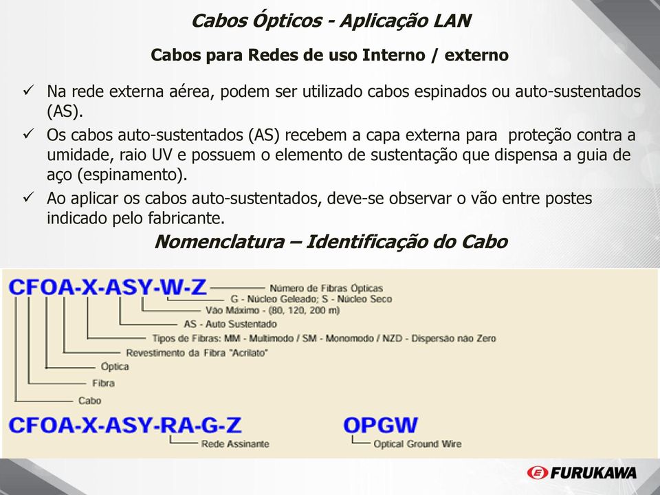 Os cabos auto-sustentados (AS) recebem a capa externa para proteção contra a umidade, raio UV e possuem o elemento