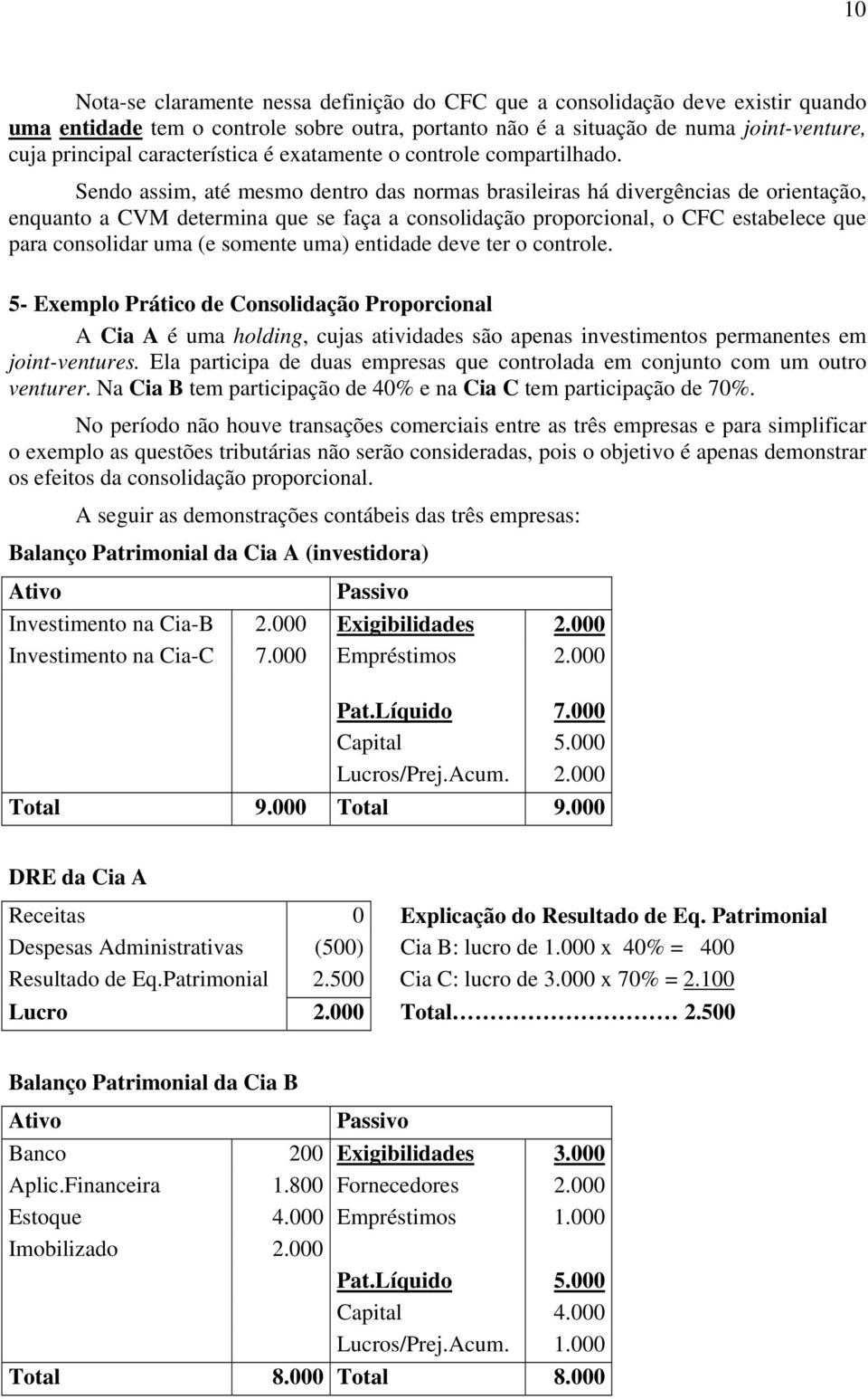 Sendo assim, até mesmo dentro das normas brasileiras há divergências de orientação, enquanto a CVM determina que se faça a consolidação proporcional, o CFC estabelece que para consolidar uma (e