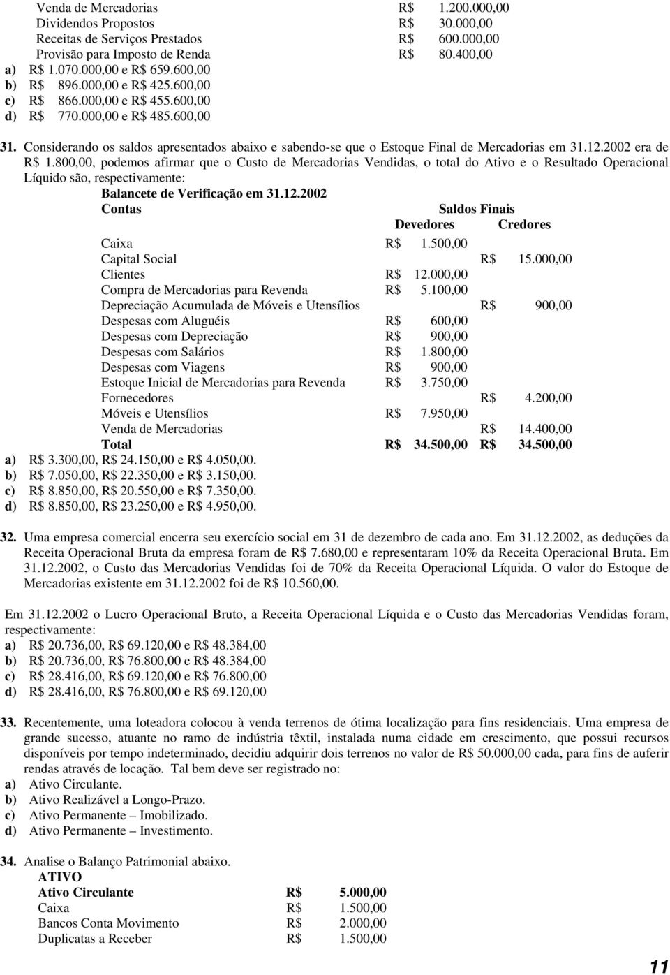 Considerando os saldos apresentados abaixo e sabendo-se que o Estoque Final de Mercadorias em 31.12.2002 era de R$ 1.