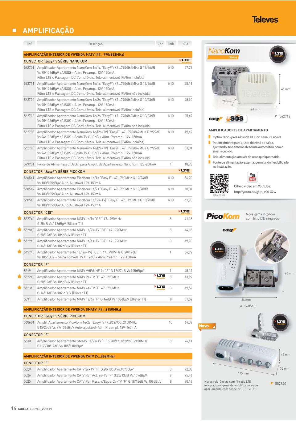 Alim incluída) 562711 Amplificador Apartamento NanoKom 1e/1s EasyF : 47...790/862MHz G 13/26dB 1/10 25,11 Vs 98/106dBµV c/usos + Alim. Preampl. 12V-150mA Filtro LTE e Passagem DC Comutáveis.