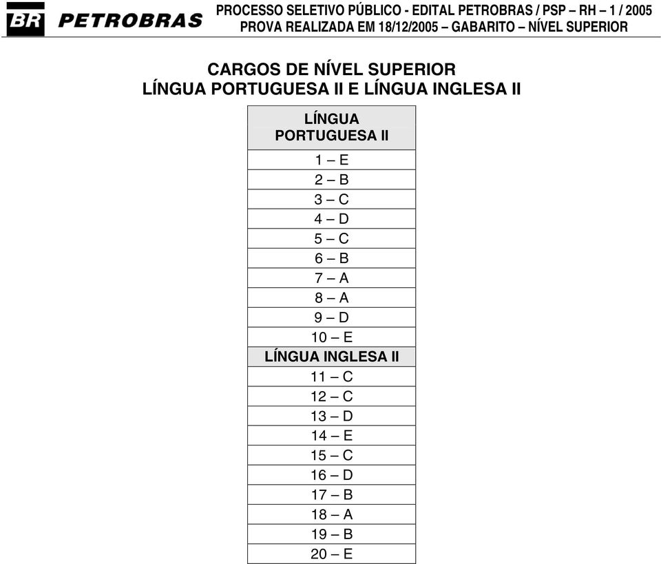 LÍNGUA PORTUGUESA II E LÍNGUA INGLESA II LÍNGUA PORTUGUESA II 1 E 2 B 3 C 4 D