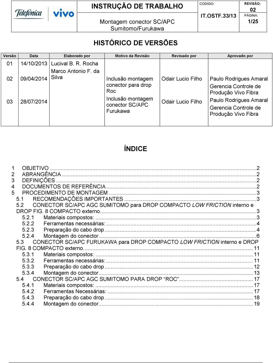 Rodrigues Amaral Gerencia Controle de Produção Vivo Fibra ÍNDICE 1 OBJETIVO... 2 2 ABRANGÊNCIA... 2 3 DEFINIÇÕES... 2 4 DOCUMENTOS DE REFERÊNCIA... 2 5 PROCEDIMENTO DE MONTAGEM... 3 5.