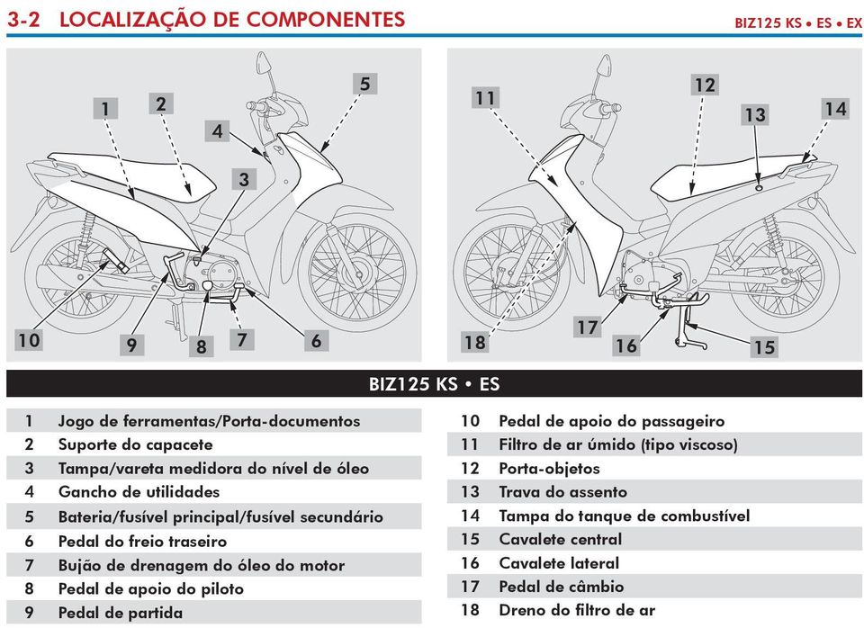 traseiro 7 Bujão de drenagem do óleo do motor 8 Pedal de apoio do piloto 9 Pedal de partida 10 Pedal de apoio do passageiro 11 Filtro de ar úmido (tipo