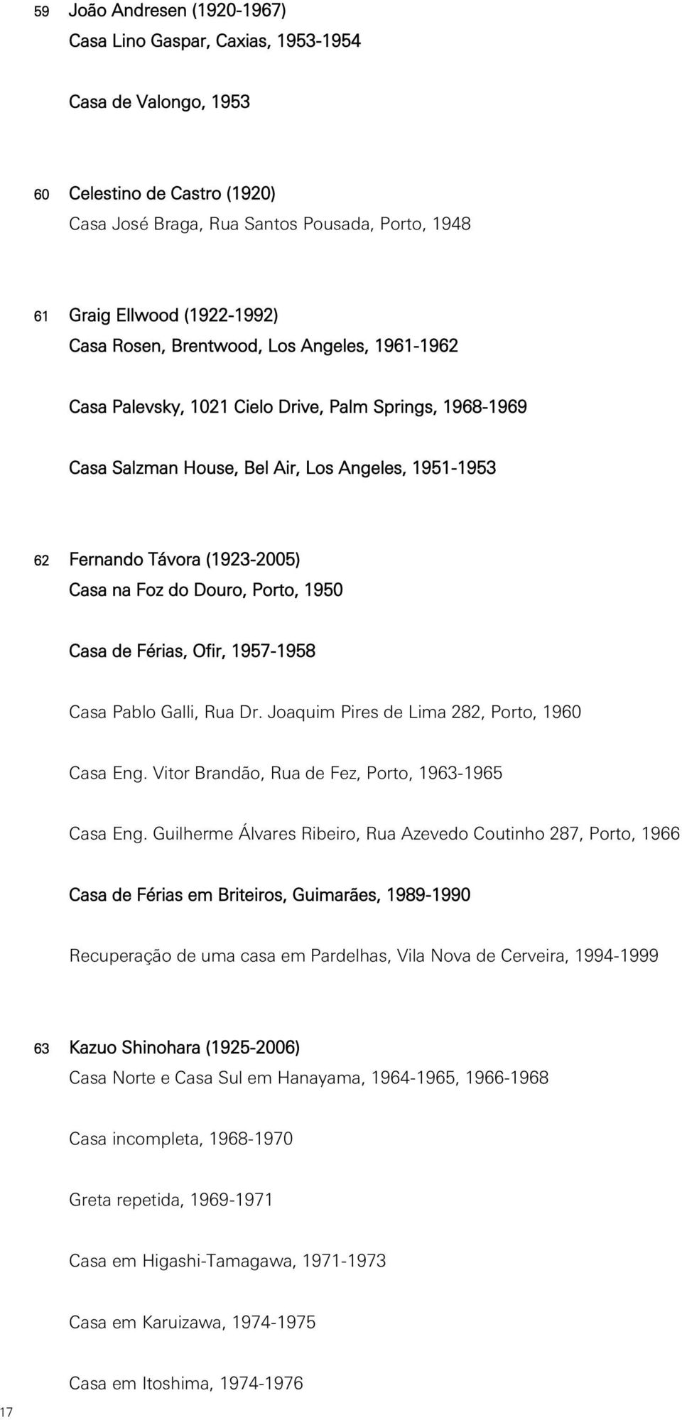 Douro, Porto, 1950 Casa de Férias, Ofir, 1957-1958 Casa Pablo Galli, Rua Dr. Joaquim Pires de Lima 282, Porto, 1960 Casa Eng. Vitor Brandão, Rua de Fez, Porto, 1963-1965 Casa Eng.