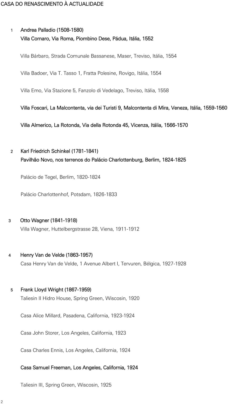 Tasso 1, Fratta Polesine, Rovigo, Itália, 1554 Villa Emo, Via Stazione 5, Fanzolo di Vedelago, Treviso, Itália, 1558 Villa Foscari, La Malcontenta, via dei Turisti 9, Malcontenta di Mira, Veneza,