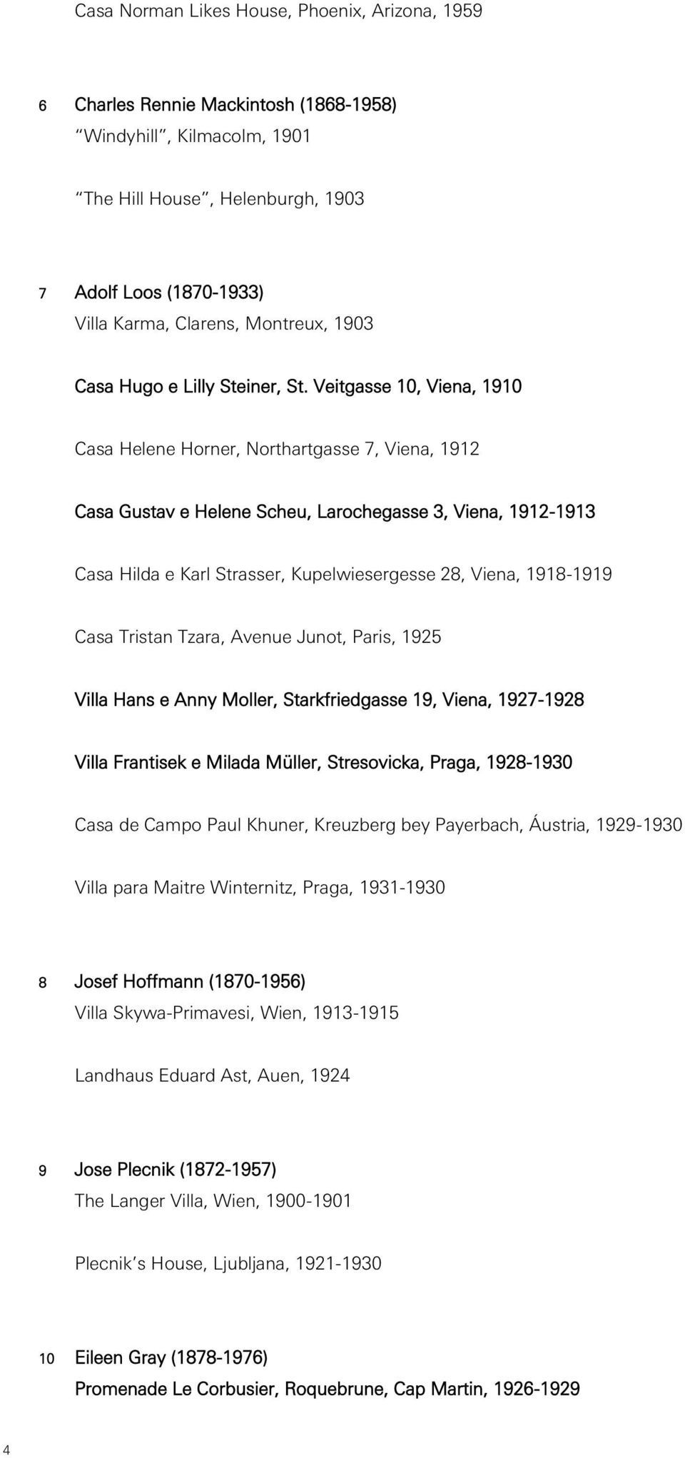 Veitgasse 10, Viena, 1910 Casa Helene Horner, Northartgasse 7, Viena, 1912 Casa Gustav e Helene Scheu, Larochegasse 3, Viena, 1912-1913 Casa Hilda e Karl Strasser, Kupelwiesergesse 28, Viena,