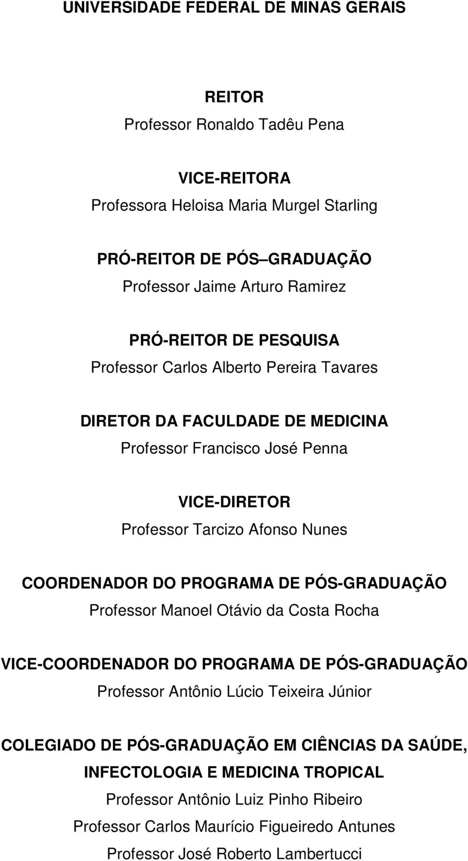 COORDENADOR DO PROGRAMA DE PÓS-GRADUAÇÃO Professor Manoel Otávio da Costa Rocha VICE-COORDENADOR DO PROGRAMA DE PÓS-GRADUAÇÃO Professor Antônio Lúcio Teixeira Júnior COLEGIADO DE