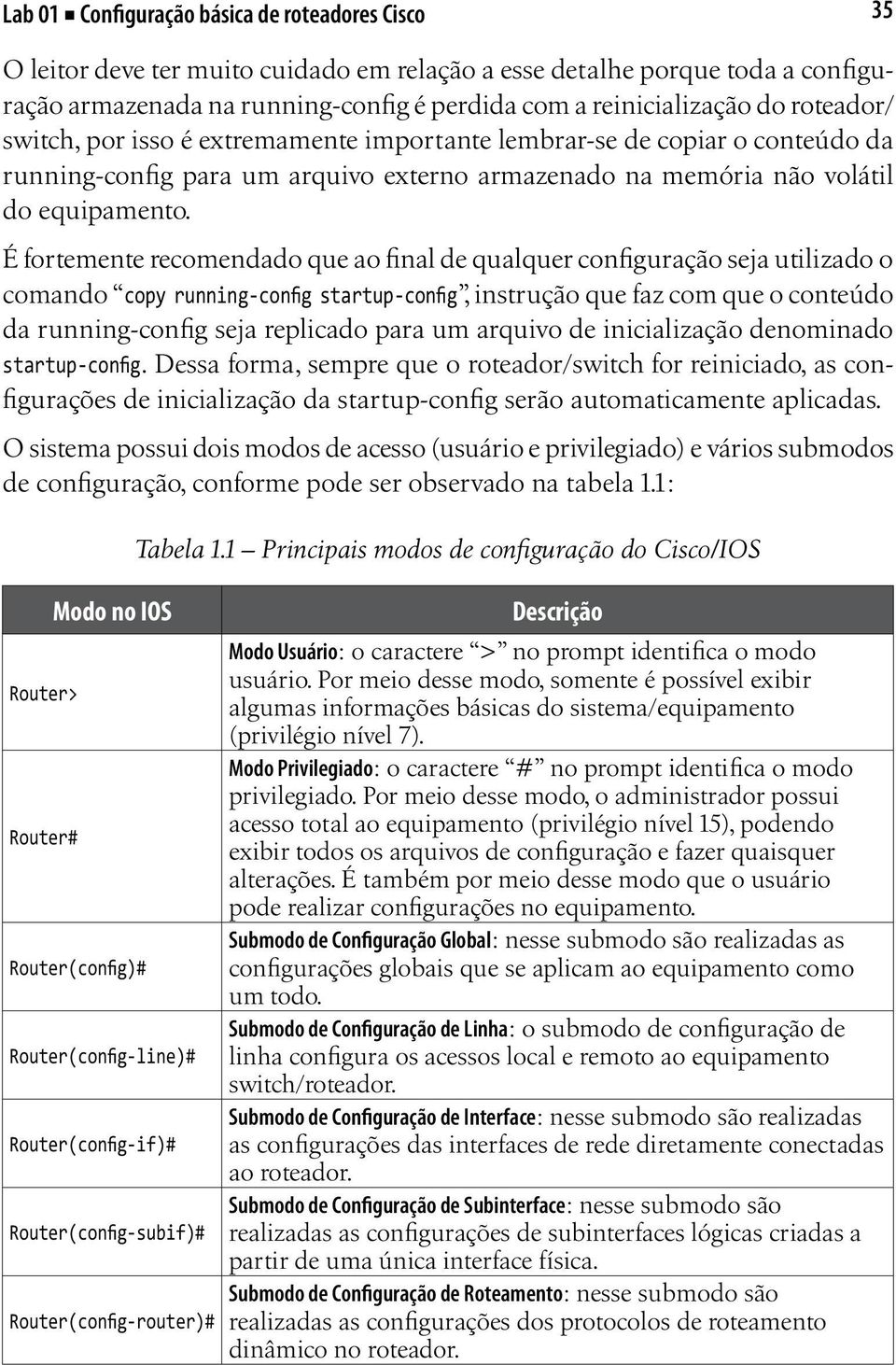 É fortemente recomendado que ao final de qualquer configuração seja utilizado o comando copy running-config startup-config, instrução que faz com que o conteúdo da running-config seja replicado para