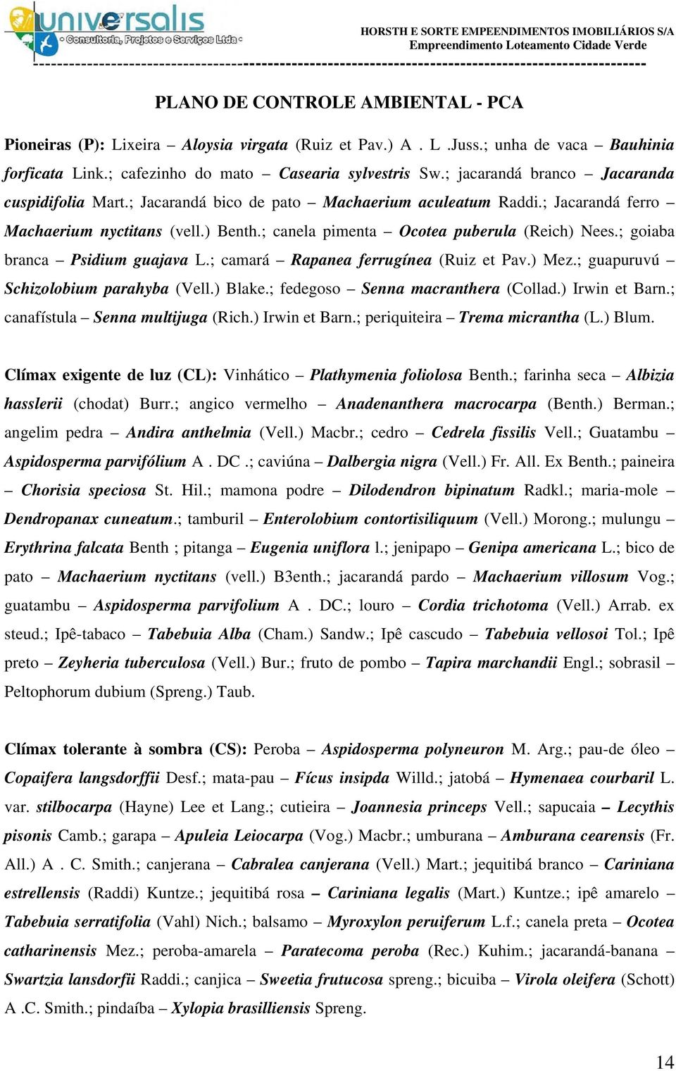 ; goiaba branca Psidium guajava L.; camará Rapanea ferrugínea (Ruiz et Pav.) Mez.; guapuruvú Schizolobium parahyba (Vell.) Blake.; fedegoso Senna macranthera (Collad.) Irwin et Barn.