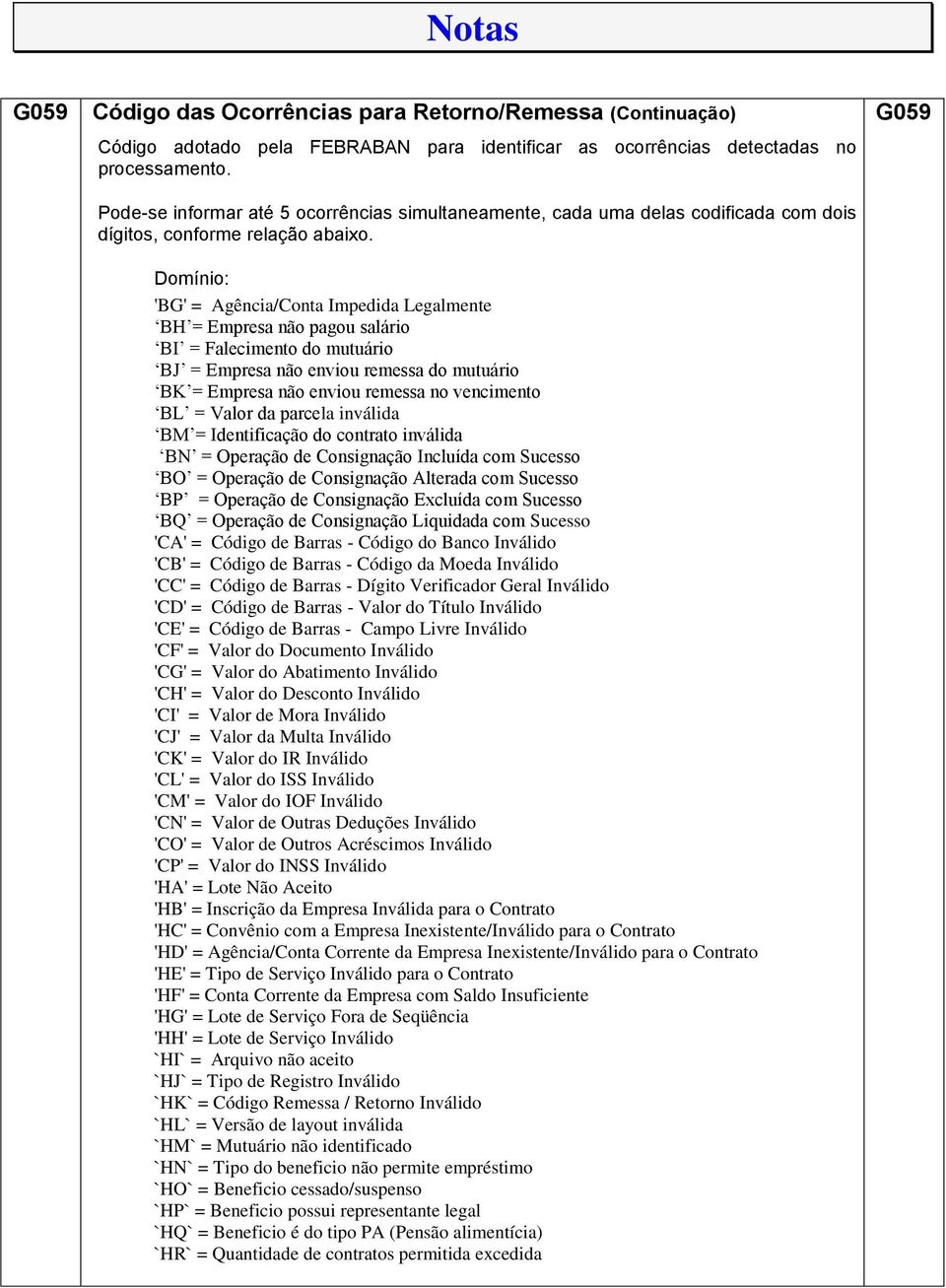 'BG' = Agência/Conta Impedida Legalmente BH = Empresa não pagou salário BI = Falecimento do mutuário BJ = Empresa não enviou remessa do mutuário BK = Empresa não enviou remessa no vencimento BL =