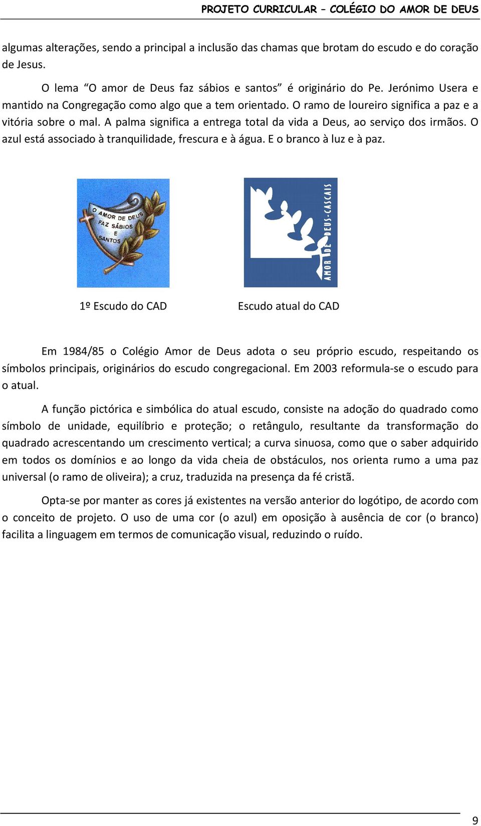 A palma significa a entrega total da vida a Deus, ao serviço dos irmãos. O azul está associado à tranquilidade, frescura e à água. E o branco à luz e à paz.